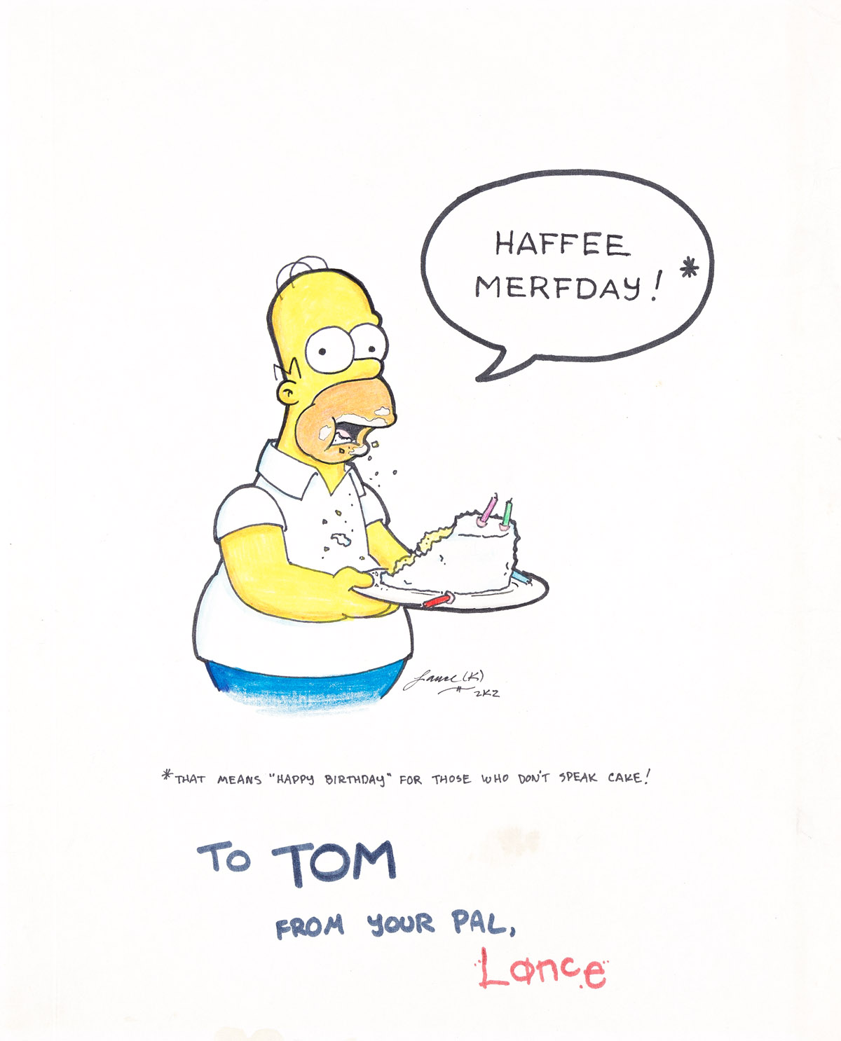 (ANIMATION) THE SIMPSONS / LANCE KRAMER (1966-) Homer Simpson Birthday Studio Gag Drawing.